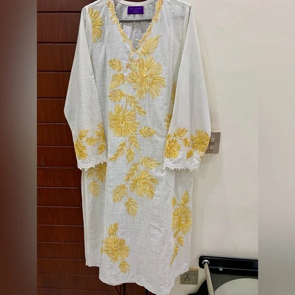 SANA SAFINAZ White and Yellow Embroidered Dress - Picture 6 of 14